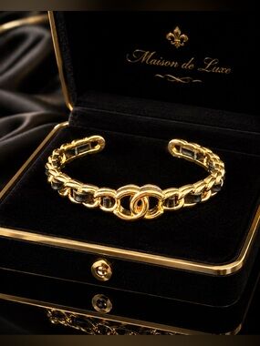 Gold & Black Leather CC Logo Chain Cuff Bracelet